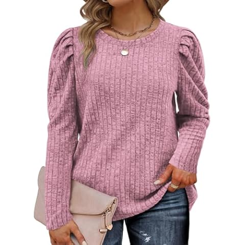 AURISSY Womens Plus Size Elegant Crewneck Pullover Sweaters Trendy Puff Long Sleeve Tops Fashion Casual Solid Color Tunics Pink 5XL Cover