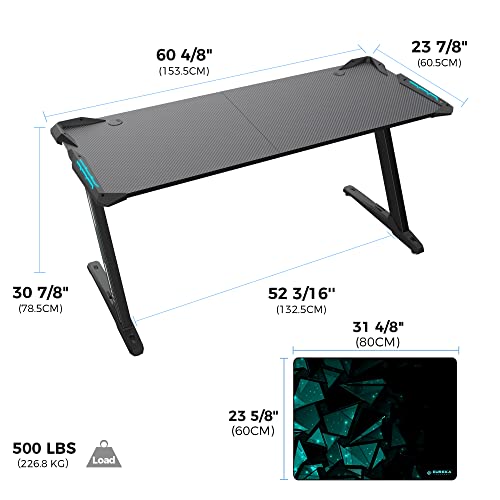Eureka Ergonomic Z60 Gaming Desk With Led Lights, 60 Inch Large Rgb Gaming Computer Desk For Home Office Work Study Writing With Mouse Pad, Easy To Assemble, 24" Wide, Carbon Fiber Black #TOP2