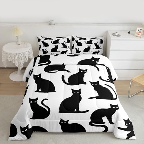 Feelyou Cat Kids Comforter Set Full Size Black Cat Bedding Set Cats Print Duvet Quilt for Kids Boys Girls Bedroom Cute Kitten Decor Cats Lover's Gift Microfiber Ultra Soft Breathable
