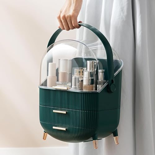 Kousee Multifunktionaler Make-up-Koffer, staubdicht, Kosmetik-Aufbewahrungsbox, Organizer, Hautpflegeprodukte, Schmuck-Organizer, Finishing-Box für Schlafzimmer, Badezimmer, Schreibtisch, Dunkelgrün