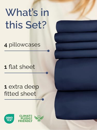 Image of Extra Deep Cal King Sheet Set - 6 Piece Breathable & Cooling - Navy Blue | Hotel Luxury Bed Sheets Set, Easy & Secure Fit, Ultra-Soft, Wrinkle & Fade Free, Comfy Sheets Set with Extra Deep Pockets