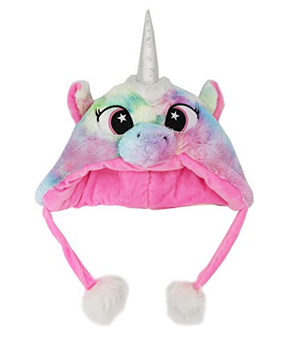 Kids Girls Cute Rainbow Unicorn Beanie Winter Hat and Glove Set Tie Dye Fuzzy Fur Earflap Cap Mitten Set4