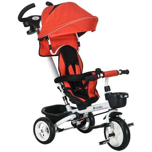 HOMCOM Triciclo para Bebés Plegable Triciclo Evolutivo 2 en 1 para Niños de 12-60 Meses con Toldo Plegable Mango de Empuje Telescópico Reposapiés Cinturón de Seguridad y Cestas Rojo