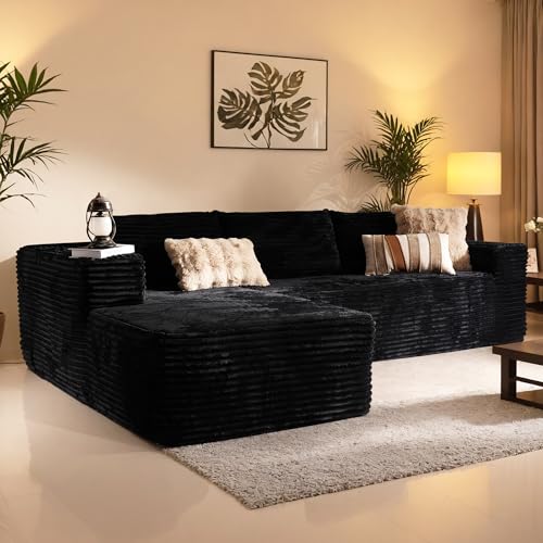106' Cloud Sectional Couch with Chaise Lounge,L Shaped Modular Modern Sofa,Comfy Corduroy Fluffy Sofa with Deep Seat,No Assembly Required Couch for Living Room(Left,Plush Corduroy,Black)