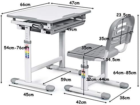 COSTWAY Kids Desk and Chair Set, Height Adjustable Students Study Table with Tilted Desktop, Spacious Storage Drawe and Pen Slot, for Writing, Reading, Drawing (Grey)