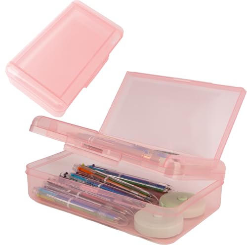 Image of Pencil Case Box, Light Pink Double Layer Large Capacity Plastic Pencil Boxs, Clear Hard Pen Case with Snap-tight Lid,Storage Art Craft Box Marker Organizer for Kids Boys Girls Offices School Supplies