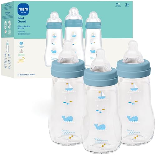 Image of MAM 9oz Premium Glass Wide Neck Baby Bottle with Medium Flow Breastfeeding-Like Silicone Nipple, Easy to Clean, BPA Free, 2+ Months, Easy Switch Between Breast and Bottle, Made in Europe, 3 Pack