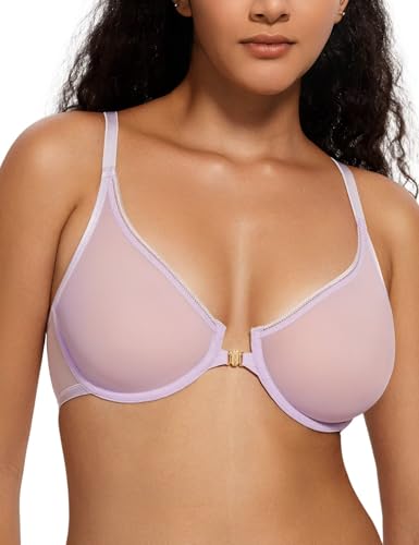 Image of Deyllo Women's Front Closure Mesh Sheer Bra Non Padded Unlined Plunge Racerback Bra for Underwire(Light Pink,34B)