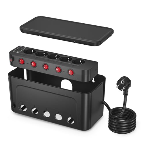 Boite Rangement Cable avec Prise Multiple, Boite Cache Cable Multiprise USB, Cache Multiprise 5 Prises avec Interrupteur Individuel, Parafoudre et Surtension,...