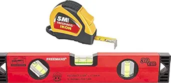 FREEMANS Plastic and Aluminium Ikon 5 m:19 mm Measuring Tape + 30 cm Magnetic Spirit Level, Golden Yellow and Red
