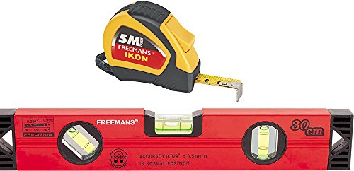 FREEMANS Plastic and Aluminium Ikon 5 m:19 mm Measuring Tape + 30 cm Magnetic Spirit Level, Golden Yellow and Red