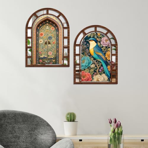 Image of Artvibes Bird & Blossom Theme Decorative Wall Accent | Jharokha Mirror Wall Hanging for Living Room, Bedroom, Hall, Foyer, Dining Room, Office & Entrance | Gift (WHJ 12055N), Set of 2