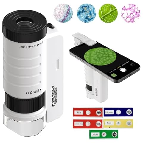 Mini Microscope for Kids 60X-200X, Portable Handheld Microscope for Kids 5-12, 5 Slides Specimens, Pocket Microscope Slides for Learning, Education and Exploring Cover