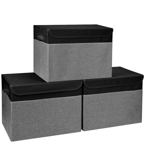 Large 17" 42 Quarts Collapsible Stackable Storage Bins with Lids [3-Pack] Foldable Fabric Linen Storage Boxes Cube, Closet Organizer Baskets with Label for Home (16.7 x 12 x 12", Black & Gray)