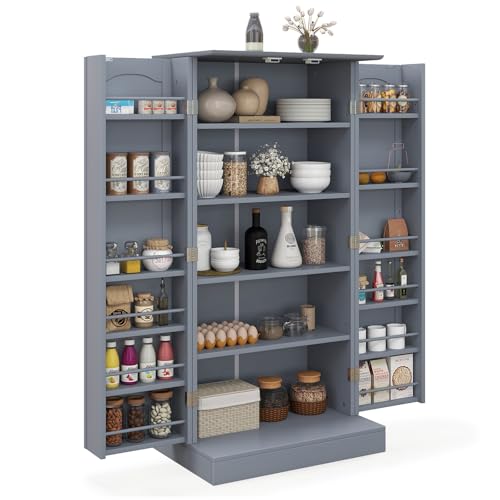 COSTWAY Armario de Cocina, Gabinete de Despensa con 2 Puertas y 16 Estantes, Mueble de Almacenamiento con Dispositivos Antivuelco, Moderno Armario de Despensa para Cocina, Salón, Comedor (Gris)