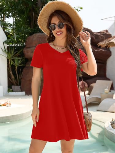 KORSIS Dresses for Women Casual T-Shirt Summer Short Sleeve A Line Sundress Swing Flowy Work Vacation Sundress with Pockets Red L — view 4