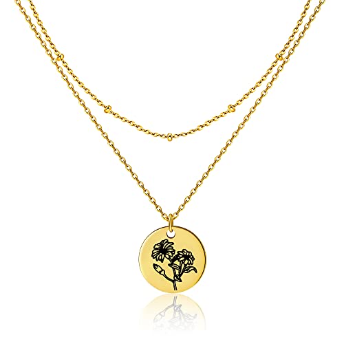 Birth Month Flower Pendant Necklace 18K Gold Plated Dainty Simple Month Birth Floral Disc Pendant Engrave Coin Necklace Minimalist Delicate Mom Daughter Gift for Her