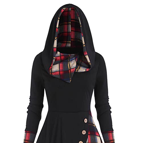 Image of Womens Vintage Gothic Steampunk Dress Casual Plaid Patchwork Button Hooded Dress Retro Rockabilly Punk Hippie Dresses