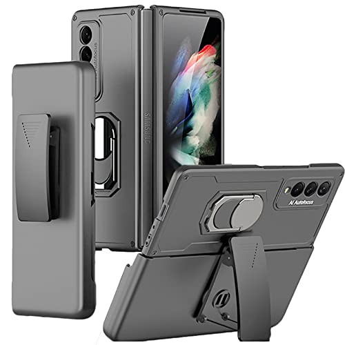 Miimall Compatible Samsung Galaxy Z Fold 3 Case Metal Bracket with Back Clip Stand Free Folding Military-Grade Protection Belt Clip Bumper Case for Galaxy Z Fold 3 5G 2021(Grey)