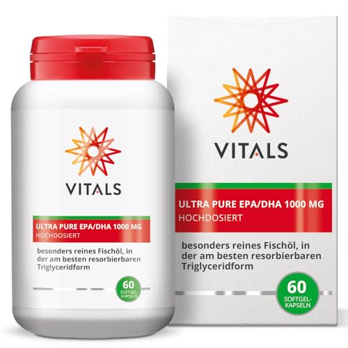 Vitals - Ultra Pure EPA/DHA 1000 mg 60 cápsulas de gel blando. Alta dosis de 570 mg EPA y 430 mg de DHA por cápsulas. Omega 3 puro muy bien absorbible sin aditivos innecesarios.