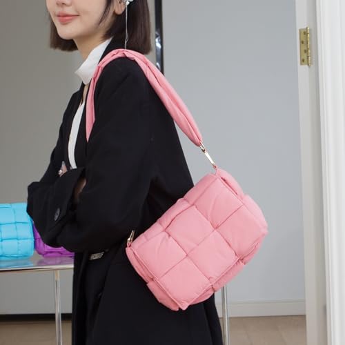 Image of Shoulder Bag Lightweight Puffer Tote Crossbody Bag Handwoven for Women | waterproof nylon, durable, soft padded texture, versatile for travel, work, weekend, everyday, adjustable strap