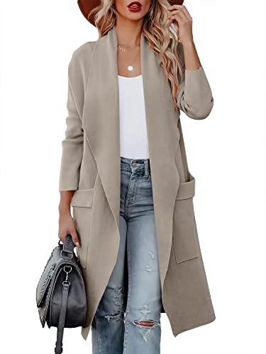 Women's Open Front Knited Loose Cardigan Casual Draped Knit Pockets Long Jackets Sweater Khaki #TOP27