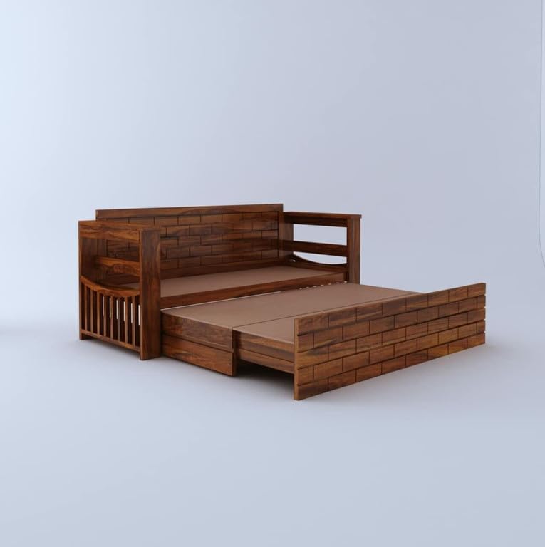Image of Solid Sheesham Wood Sofa Cum Bed 3 Seater | Wooden Foldable Double Bed for Living Room with Headboard & Storage | Bed Cum Sofa with Mattress for Bedroom Furniture (Honey Finish)