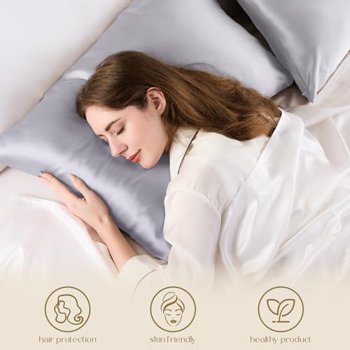 ZIMASILK 100% Pure Mulberry Silk Pillowcase for Hair and Skin Health,Soft and Smooth,Both Sides Premium Grade 6A Silk,600 Thread Count,with Hidden Zipper,1pc (King 20''x36'',Silver Grey)