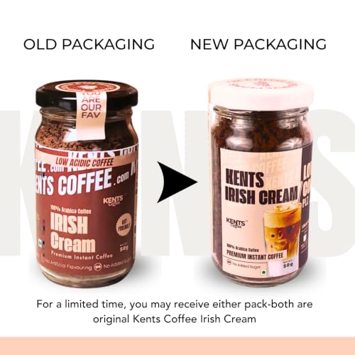 Image of Kents Coffee Irish Cream Instant Coffee 50g Jar | LOW ACIDIC COFFEE | Tiramisu Strong & Flavoured | 100% Arabica Coffee | No Chicory, No Malt | Hot & Cold | Tiramisu Flavour | 100% Pure Chikmangalur Powder | NO SUAGR