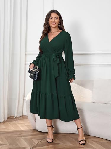 SCOMCHIC Womens Plus Size Wedding Guest Dresses Long Sleeve Wrap V Neck Belted Ruffle Hem A-Line Flowy Maxi Cocktail Dress - Image 3