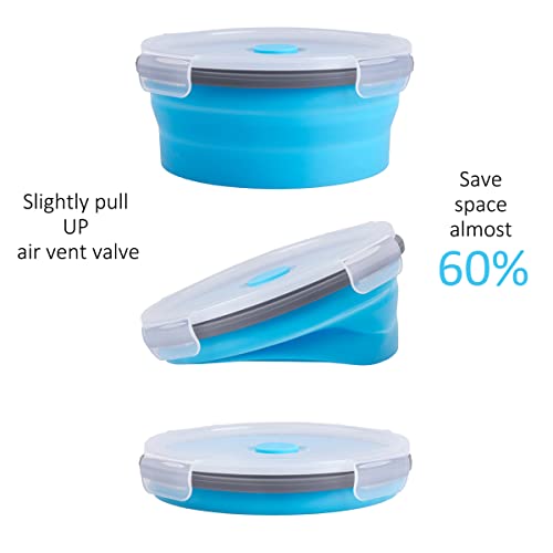 Collapsible Food Storage Containers Round With Airtight Lid, Kitchen Stacking Silicone Collapsible Meal Prep Container Set For Leftover, Microwave Freezer Dishwasher Safe, Blue, Set Of 4, 27 Oz #TOP2