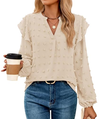 ZESICA Womens Ruffle Long Sleeve Chiffon Blouses V Neck Swiss Dot Fall Shirts Dressy Casual Tunic Tops