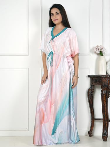 Image of Women's Printed Satin Blend Kaftan Nighty /Nightgown /Nightwear /Maxi WSR-185