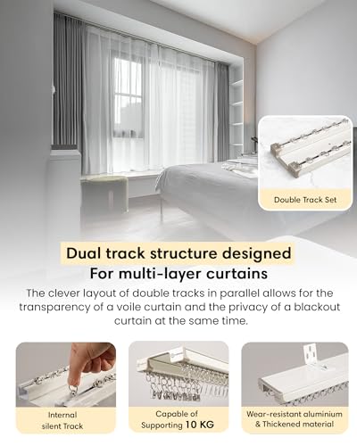 Ceiling-Curtain-Track-Set-Dual-Track-Ceiling-Wall-Mount-6ft-8ft-Heavy-Duty-Double-Track-Rails-with-Silent-Slides-Room-Divider-Double-Track-System-Includes-HooksClipsBrackets-White