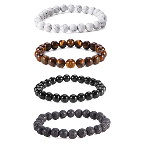 Jardme Natural 8mm Gorgeous Semi-Precious Gemstones Healing Crystal Stretch Beaded Bracelet Unisex (Grey four-piece suit)