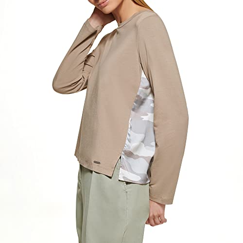 Image of DKNY Women's Long Sleeve Mixed Media Crewneck Sportswear Top