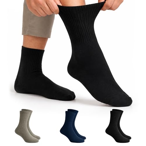 Gianci 3 or 6 Pairs Diabetic Socks for Men Cotton Rich Non-Elastic Loose Top Socks for Swollen Feet and Ankles Soft Breathable -Seamless Toes UK Size 7-11 (3 Pairs (Black Blue Grey))