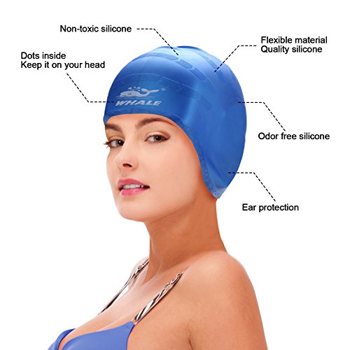 image for Whale Cover Ears Swim Caps for Long Hair 100% Silicone Swimming Hat fo