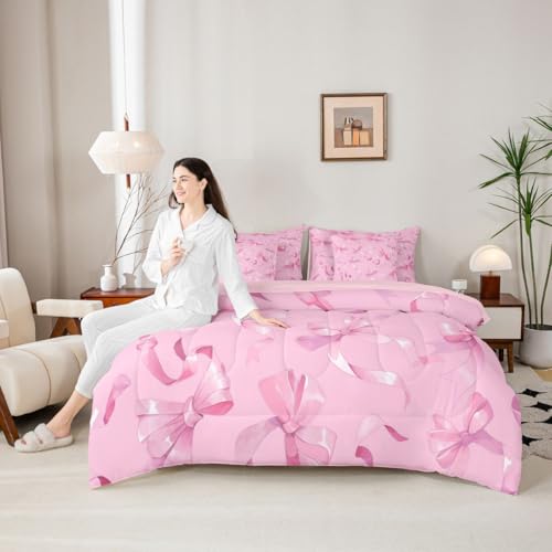 Image of Princess Bow Bed in a Bag King Size Comforter Set 7-Piece | Kawaii Bow Tie Bedding Sets Pink Bowknot Comforter and Sheet Set, Dreamy Ribbon Bow-Tie Room Decor