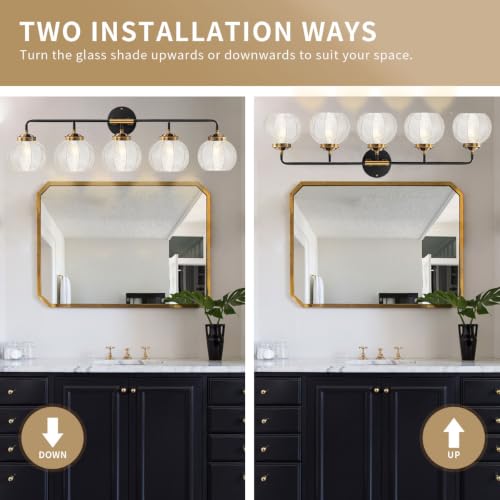 Image of Bathroom Vanity Light Large 27.2″ Long Clear Glass Wall Lamp 5-Light | Mid Century Modern Style Vanity Lights With 5.9Inch Clear Glass Shade E26 Base,Black Gold Finish,Over Mirror Bedroom Hallway
