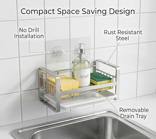 Image of Stainless Steel Kitchen Sink Organizer Sink Caddy Organizer with Removable Drainer Tray Rustproof Countertop or Wall Mounted Sink Rack for Sponge Scrubber & Brush - Silver