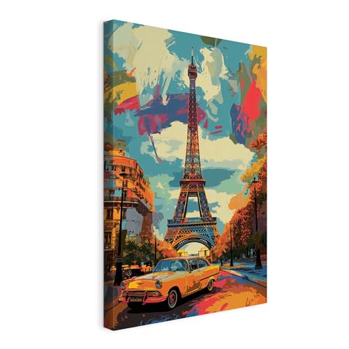 WALLERO Cuadro en lienzo París coche torre Pop art – Decoración de pared moderna e impresión artística | Cuadro para salón dormitorio cocina recibidor 30x45 cm