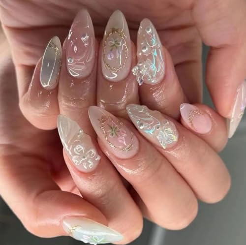 24Pcs Handmade French Press on Nails – Medium Almond Glossy Stick...