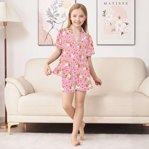 Corgi Love Heart Cute Pattern Summer Satin Pajama Set, Cute Button-Down Sleepwear Pj Set for Sleep Wears3
