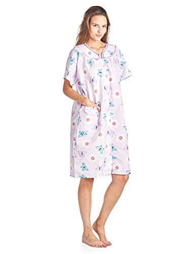Image of Casual Nights Women's Snap - Front House Dress Short Sleeve Woven Housecoat Duster Lounger Robe with Pockets
