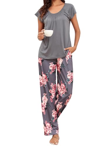 Famulily Women Pajamas Soft Ladies Pjs Floral Short Sleeve Pleated Printed Loose Sleepwear Dark Grey L