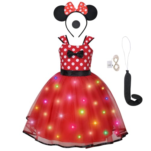 ACWOO Mimmi kostym för flickor barn, prickig födelsedagsklänning med mus öron diadem, cosplay kostym för halloween fest utklädnad, röd, Lysande typ, 110