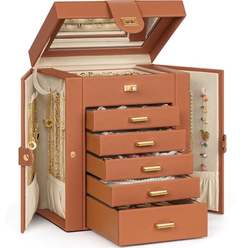 AKOZLIN Jewelry Box Organizer Functional Leather Jewelry Storage Case for Women Girls Ring Necklace Earring Bracelet Holder Organizer with Mirror