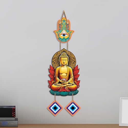 Image of Artvibes Golden Buddha Wall Hanging with Hamsa Hand and Evil Eye Charms | Spiritual Protection Decor for Home | Meditation | Yoga Spaces & Entryway | Positive Energy Wall Art Gift (WH 8594N)
