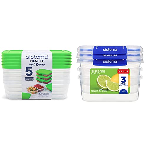 Sistema NEST IT Meal Prep Containers | 870 ml | Green | 5 Count & KLIP IT PLUS Food Storage Containers | 1 L | Leak-Proof, Stackable & Airtight Fridge/Freezer Containers with Lids | 3 Count